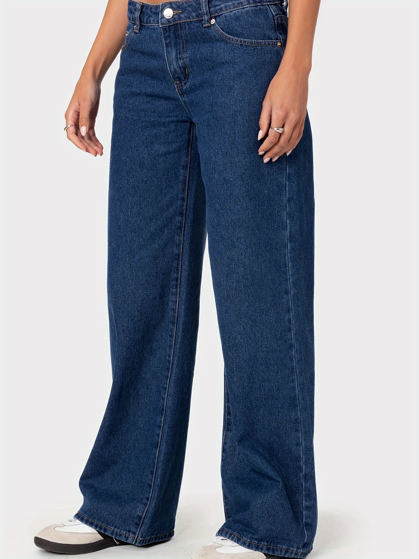 Plus Size Wide Leg Faux Denim for Women - Casual All-Season Long Faux Denim Trousers, Slight Stretch Cotton Blend Solid Color Pants with Button Fly