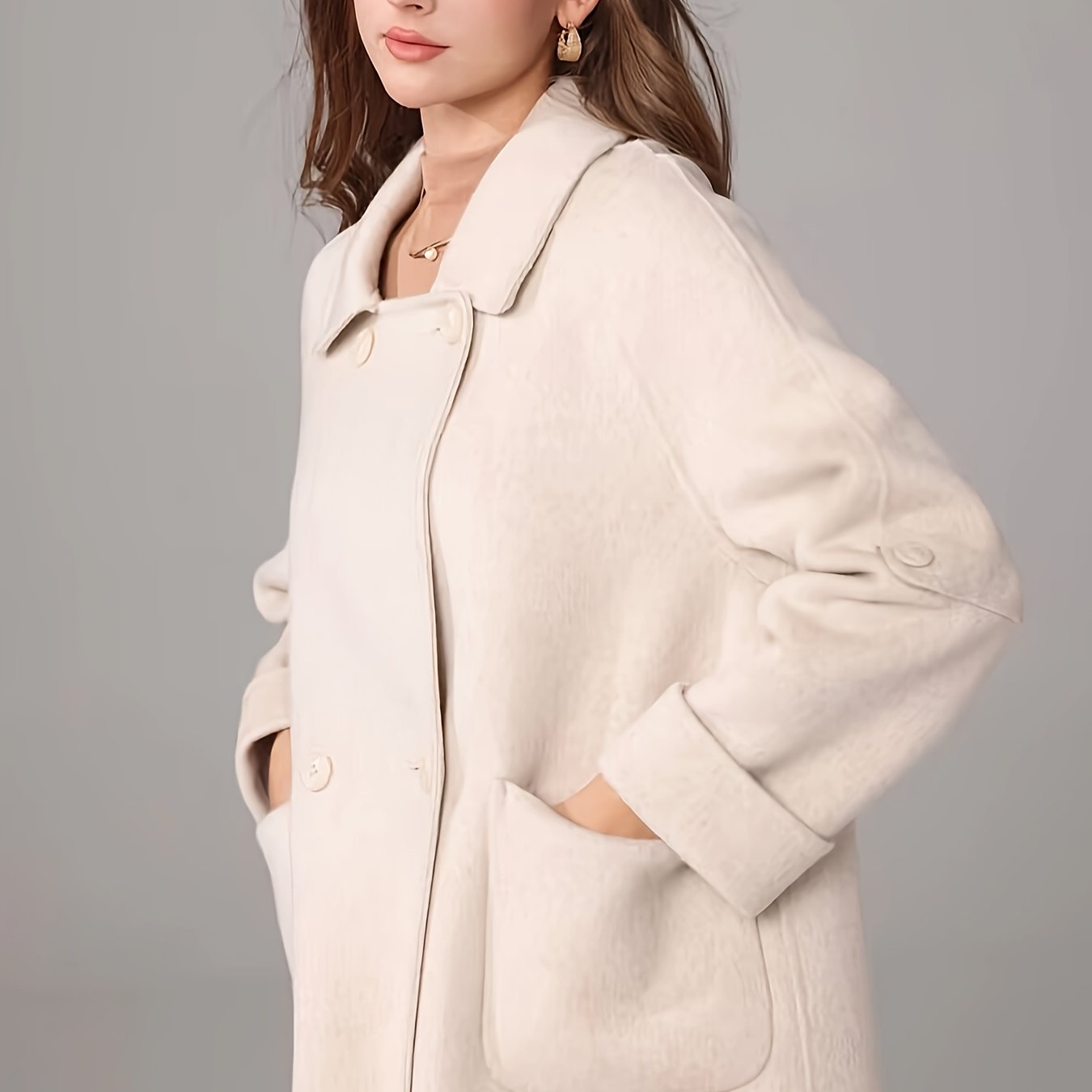 Elegant White Long Coat for Women - Chic Long Sleeve, Button-Up, Flap Pockets, Polyester Blend, Perfect for Fall\u002FWinter Fashion, Stylish Outerwear | Chic Long Coat | Polyester Blend Coat