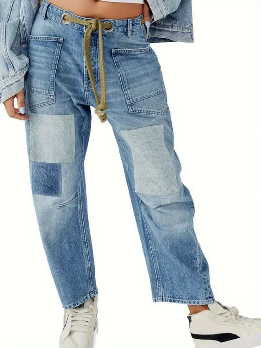 Women'S Boyfriend Jeans-like Pants - Loose Fit Spaghetti Strap Trousers with Drawstring Waist, All-Season Casual Pants for Everyday & Formal Outfits, Non-Stretchy Structured Legs