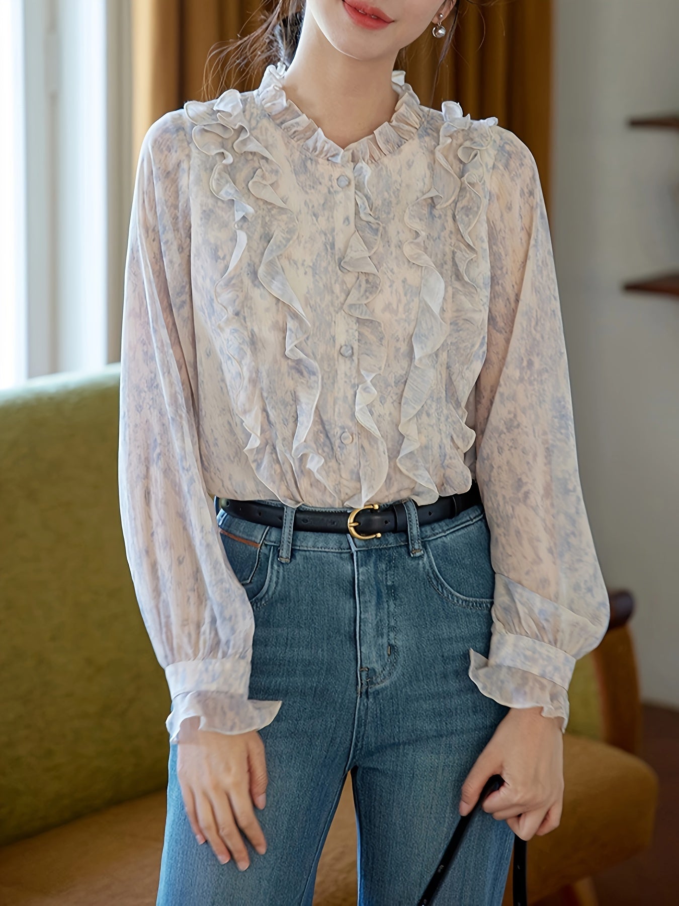 Women'S Blue and Purple Ruffled Print Blouse - Long Sleeve, Casual French Vintage Style, Lace Trim, Button-Up Top for Spring\u002FSummer, Casual Attire|Ruffled Sleeve Top|Lace Trim Detail