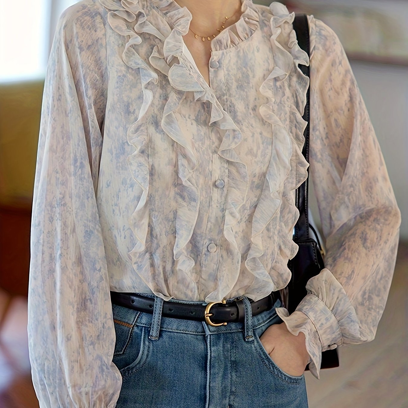 Women'S Blue and Purple Ruffled Print Blouse - Long Sleeve, Casual French Vintage Style, Lace Trim, Button-Up Top for Spring\u002FSummer, Casual Attire|Ruffled Sleeve Top|Lace Trim Detail