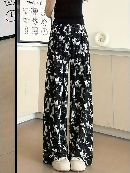Women'S Butterfly Print Wide-Leg Pants - Black and White Tie-Dye Design, Casual Loose Fit with Pockets, Perfect for Summer Outings, Cute Pant