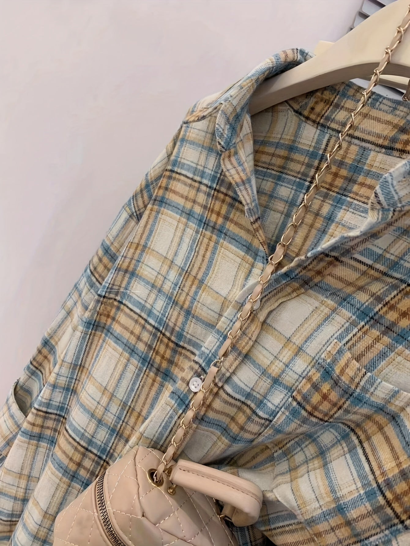 Women'S Vintage Plaid Button-Up Shirt Jacket with Pockets - Long Sleeve, Lapel Collar, Casual Style, Orange & White Checkered Pattern, Perfect for Casual Attire, Allseason Jacket | Classic Checkered Jacket | Structured Design