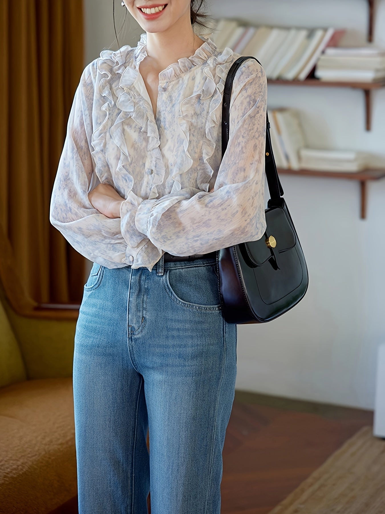 Women'S Blue and Purple Ruffled Print Blouse - Long Sleeve, Casual French Vintage Style, Lace Trim, Button-Up Top for Spring\u002FSummer, Casual Attire|Ruffled Sleeve Top|Lace Trim Detail