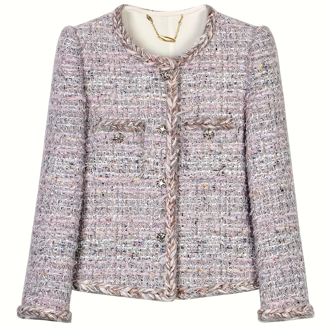 Chic Lightweight Tweed Blazer with Braided Detail - Long Sleeve, Button-Up, H-Silhouette, Beige & White Check Pattern, Perfect for Fall\u002FWinter Fashion, Autumn Winter Jacket | Hsilhouette Blazer | Elastane Comfort Fit