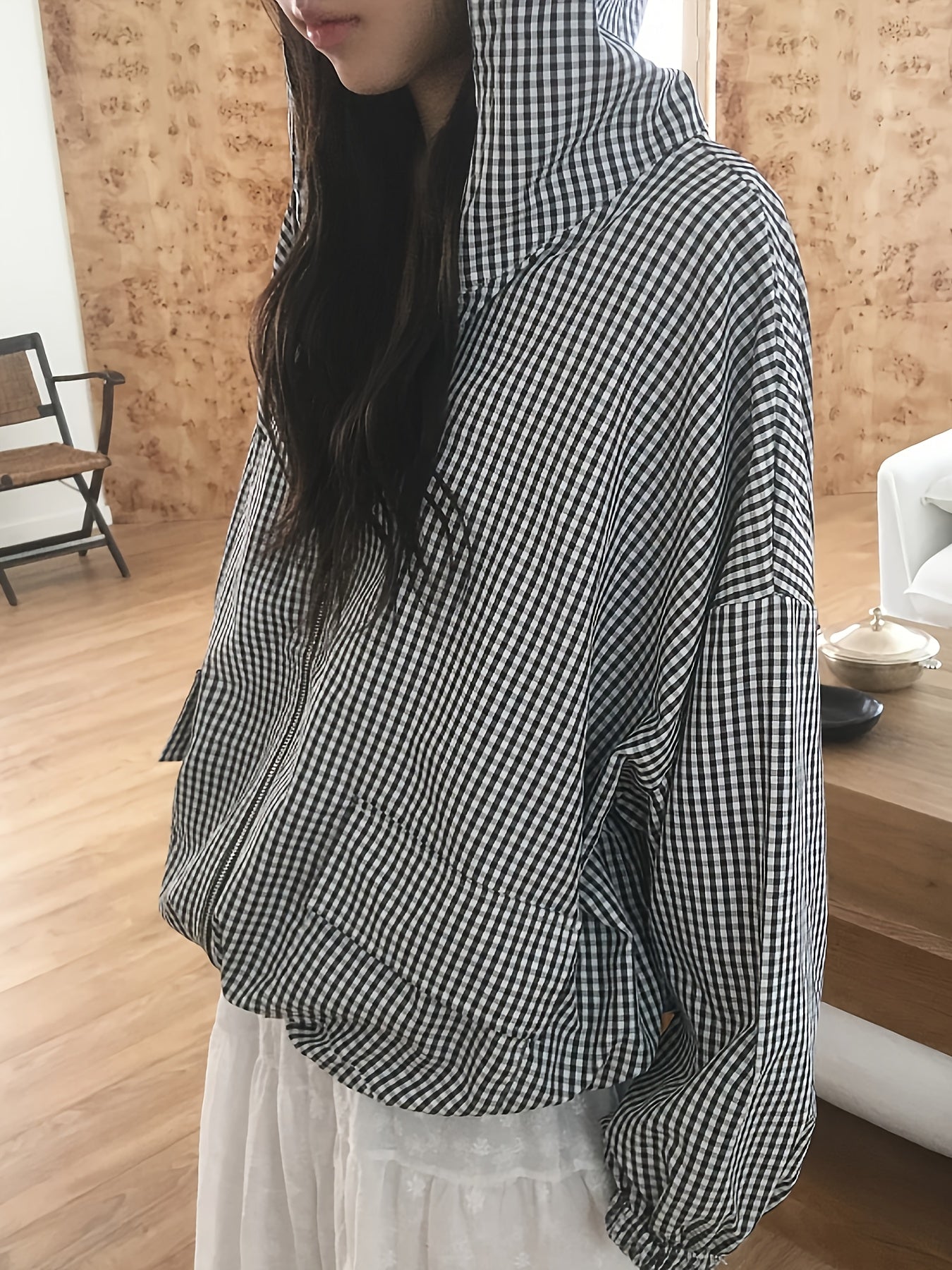 Women'S Lightweight Plaid Hooded Jacket - Casual Chic Long Sleeve Zipper Front Coat with Pockets, Black & White Checkered Pattern, Perfect for Fall\u002FWinter Outings, Fall Winter Apparel | Checkered Pattern Jacket | Zippered Jacket