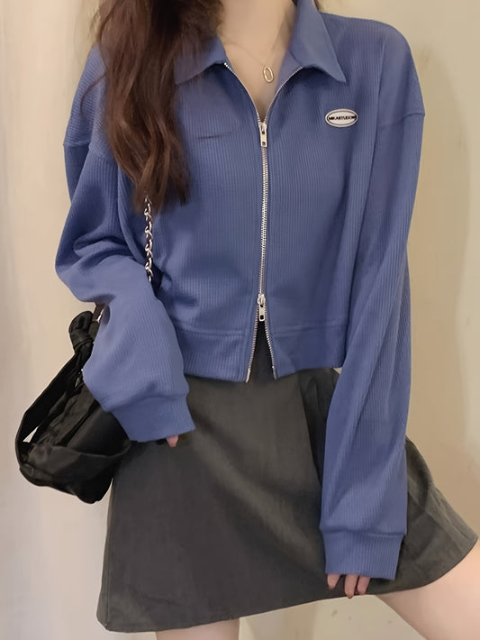 Timeless Appeal, Women's Fashion Long Sleeve Zipper Jacket, Korean Style Retro Versatile Loose-Fit Short Collar Top