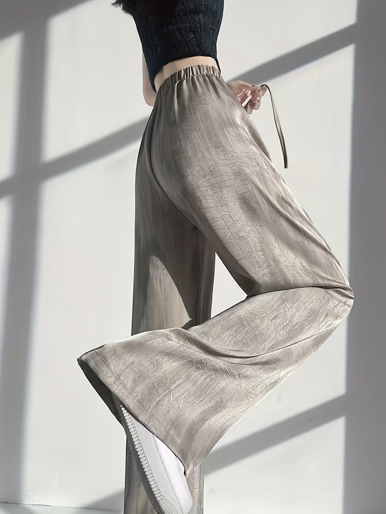 Women'S Elegant High-Waisted Wide-Leg Pants - Ice Sliky Fiber Fabric, Breathable & Lightweight, Loose Fit with Drawstring Waist, Solid Color for Casual & Formal Wear, High Waisted Leggings