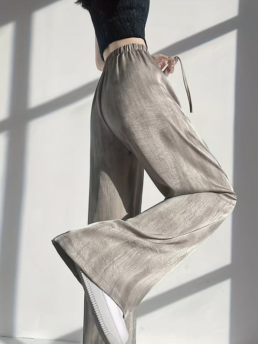 Women'S Elegant High-Waisted Wide-Leg Pants - Ice Sliky Fiber Fabric, Breathable & Lightweight, Loose Fit with Drawstring Waist, Solid Color for Casual & Formal Wear, High Waisted Leggings