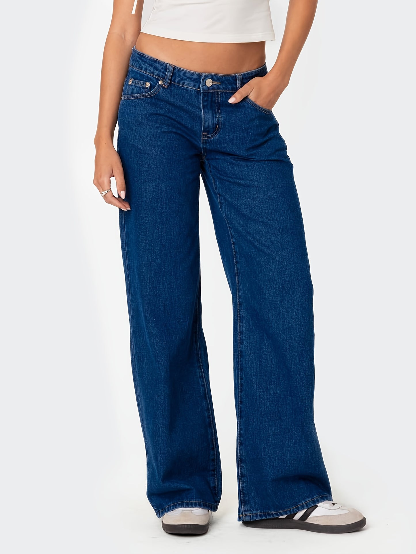 Plus Size Wide Leg Faux Denim for Women - Casual All-Season Long Faux Denim Trousers, Slight Stretch Cotton Blend Solid Color Pants with Button Fly