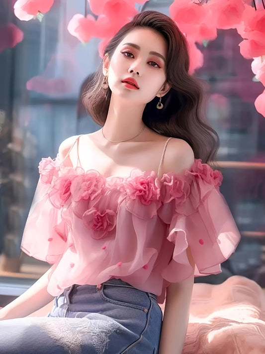 Women's French-Inspired Off-the-Shoulder Blouse with 3D Floral Print & Chest Ruching - Lightweight Summer Top, Machine Washable, Elegant Casual to Formal Wear