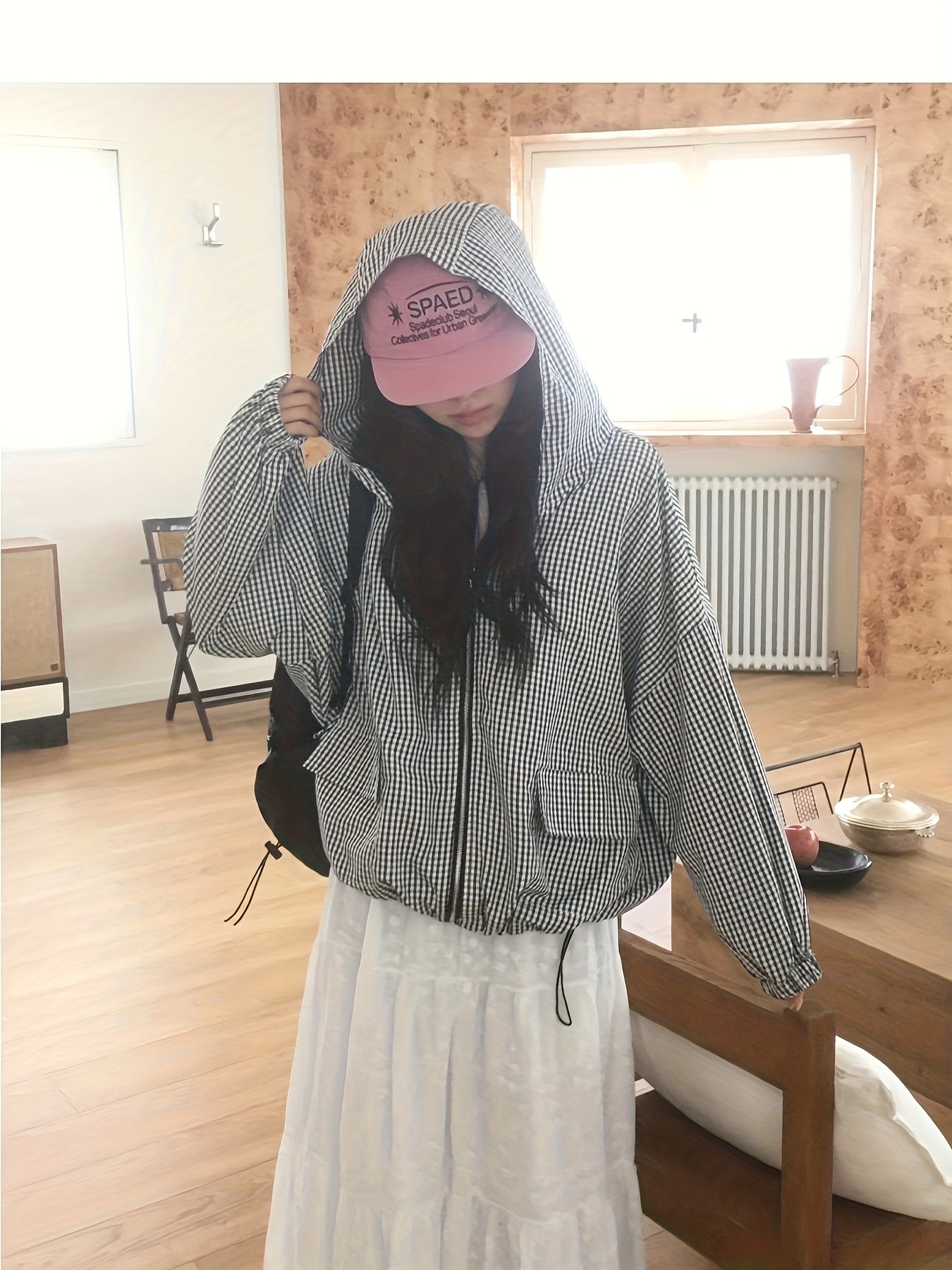 Women'S Lightweight Plaid Hooded Jacket - Casual Chic Long Sleeve Zipper Front Coat with Pockets, Black & White Checkered Pattern, Perfect for Fall\u002FWinter Outings, Fall Winter Apparel | Checkered Pattern Jacket | Zippered Jacket