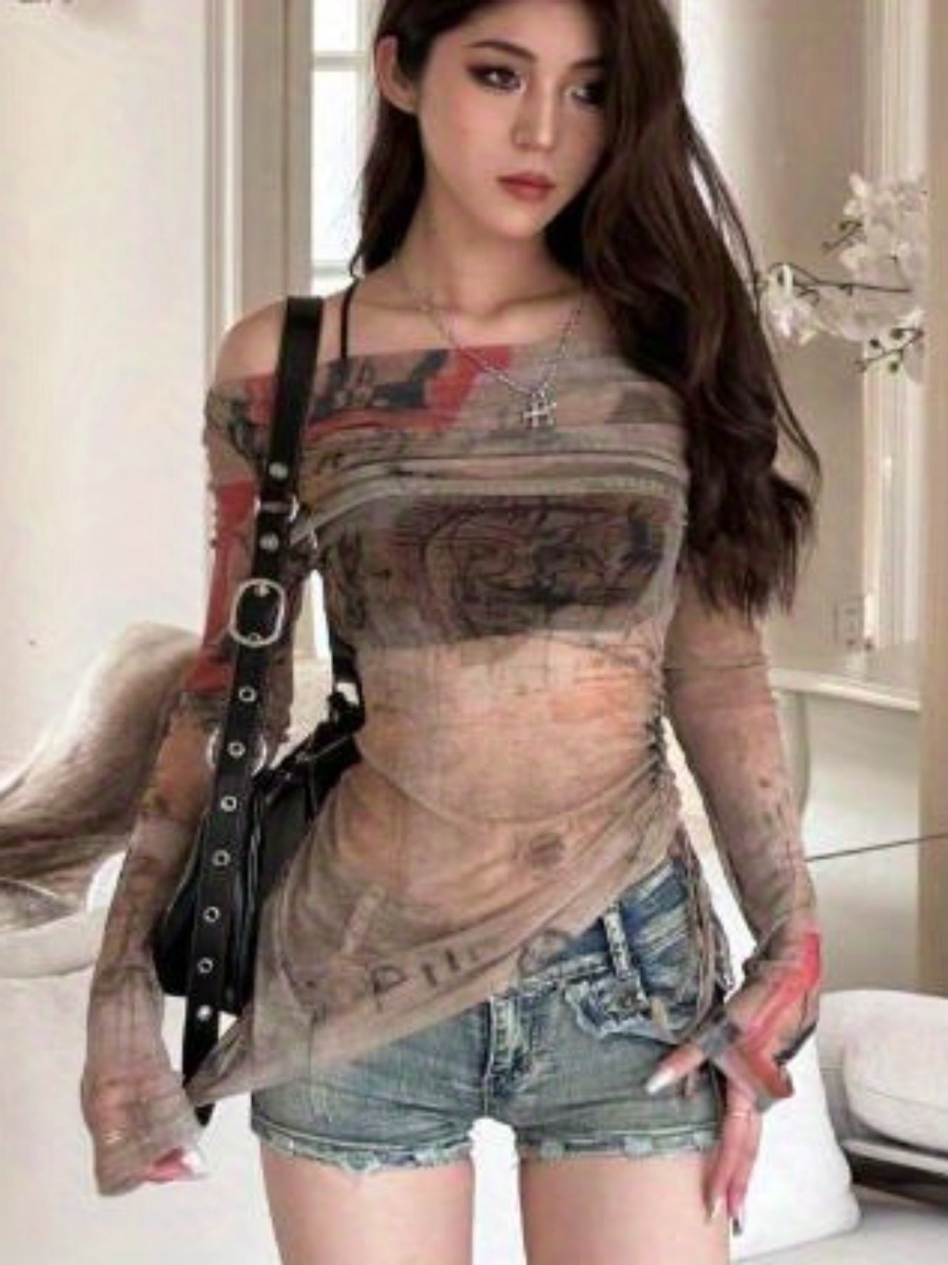 Women'S Off Shoulder Mesh Tops Graffiti Print Long Sleeve Ruched Slim Fit Drawstring T-Shirt