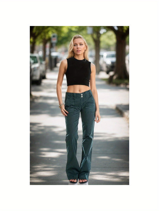 Women High Waist Double Button Jeans Straight Leg Denim Pants Trendy Casual Wear