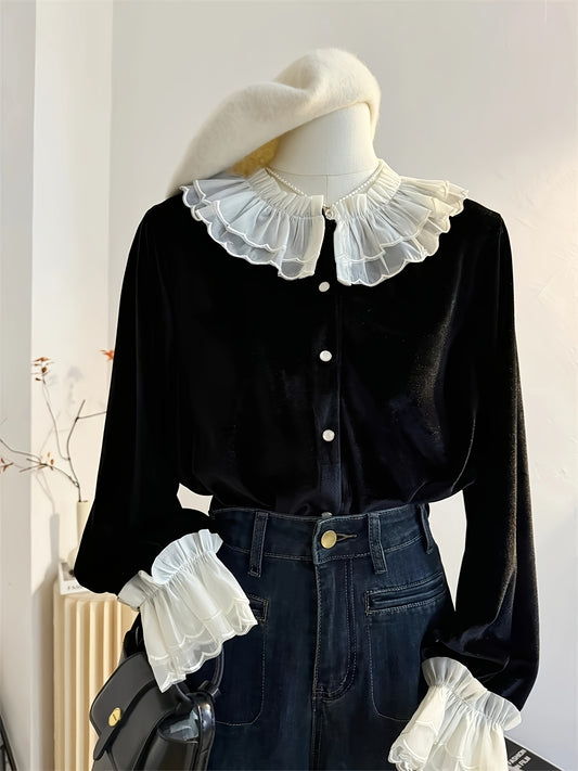 French Vintage Black Fleece Blouse with Ruffled Collar & Cuffs - Button-Up Long Sleeve Shirt for Women, Machine Washable Winter Layering Top for Office & Casual Outfits