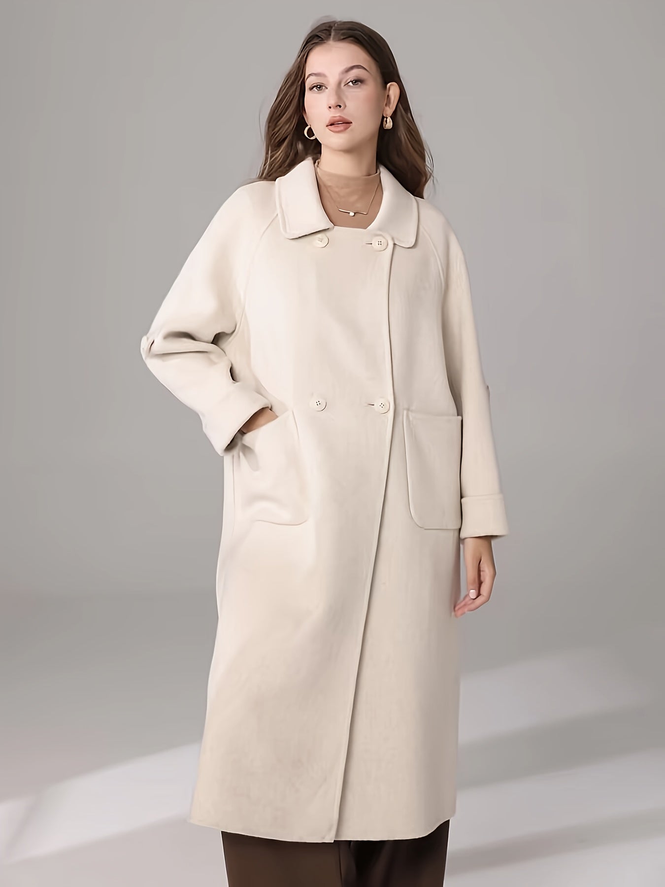 Elegant White Long Coat for Women - Chic Long Sleeve, Button-Up, Flap Pockets, Polyester Blend, Perfect for Fall\u002FWinter Fashion, Stylish Outerwear | Chic Long Coat | Polyester Blend Coat