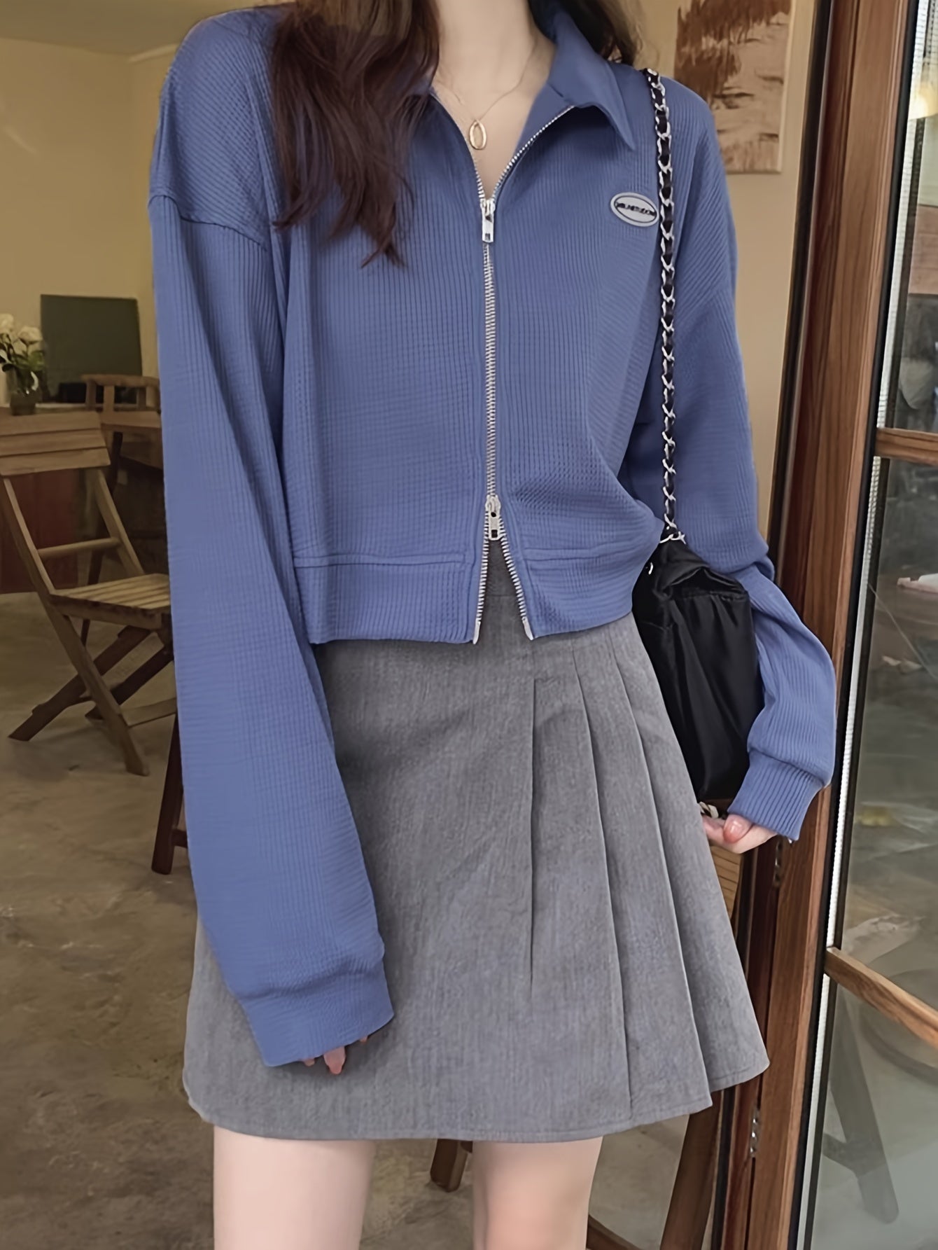 Timeless Appeal, Women's Fashion Long Sleeve Zipper Jacket, Korean Style Retro Versatile Loose-Fit Short Collar Top