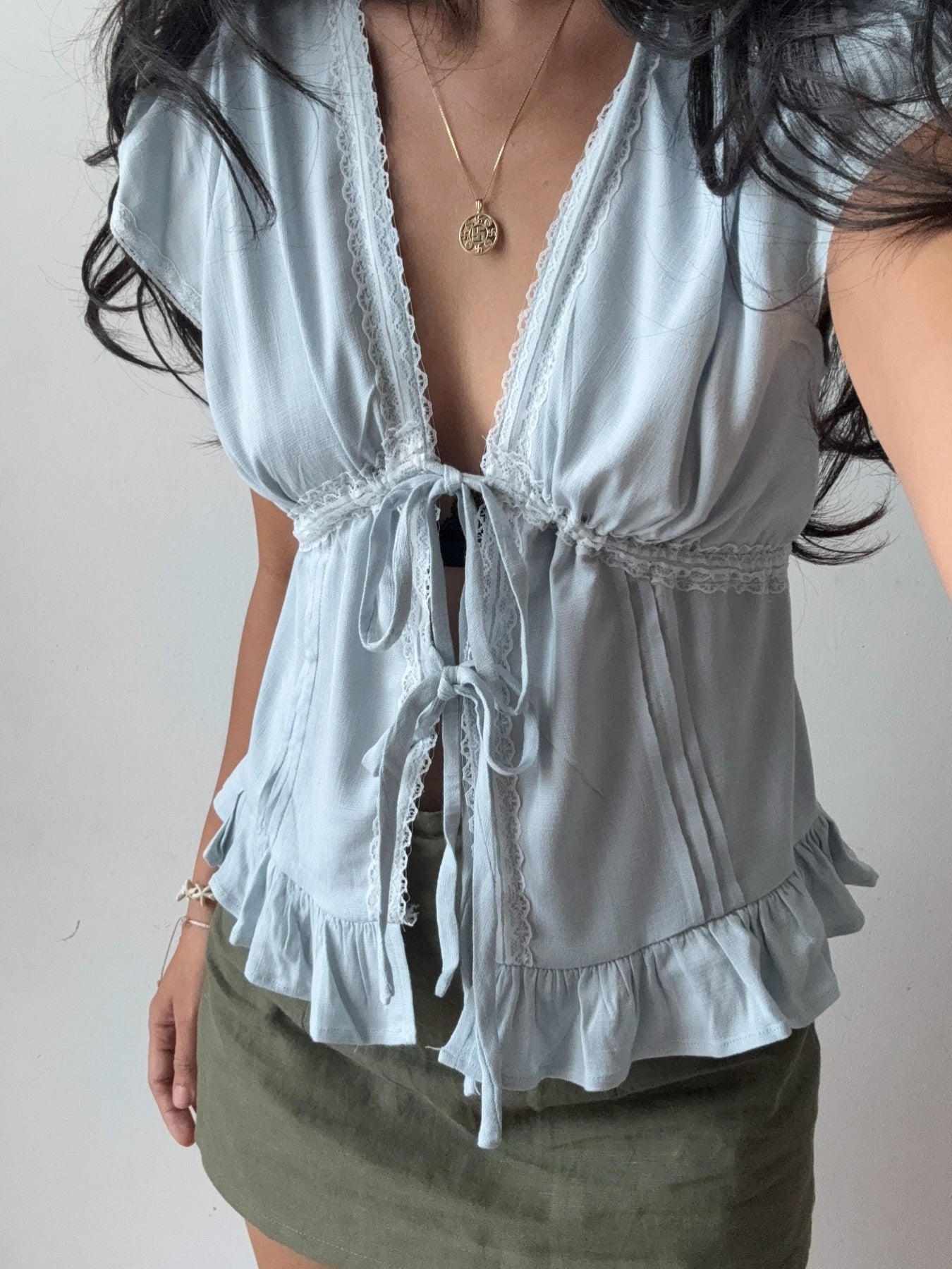 Women'S Casual Lace-Embellished V-Neck Top with Ruffle Hem - Light Blue, Short Sleeve, Summer Blouse with Front Tie Detail, Lace Trim, Non-Padded, Casual Summer Top|Ruffle Hem Top|Lace Trim Detail