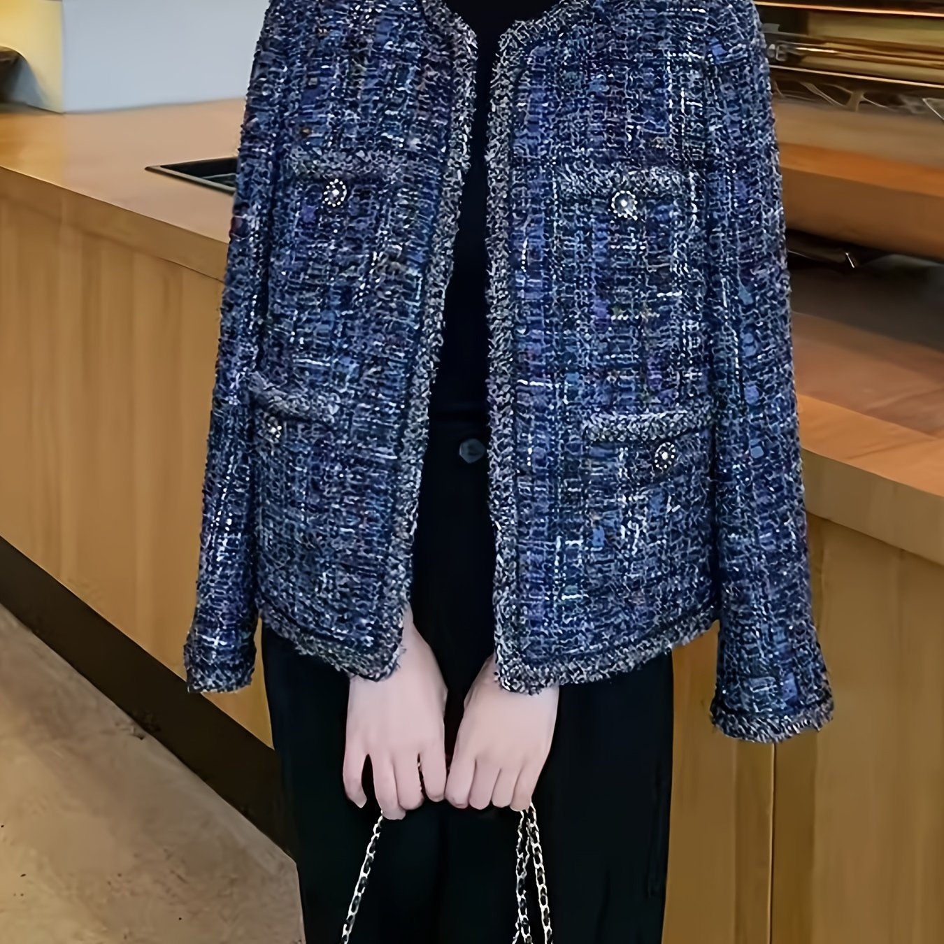 Elegant Striped Polyester Blazer for Women, French-Inspired High Luxury Coat with Long Sleeves, Regular Fit, Single Breasted Button Detail, Fall\u002FWinter Collection