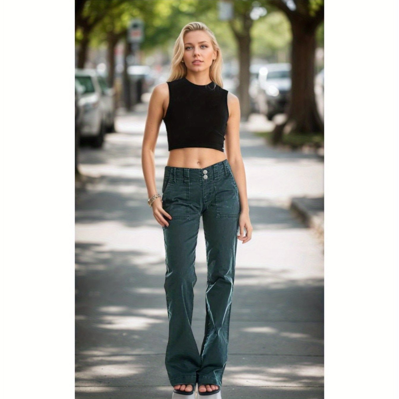 Women High Waist Double Button Jeans Straight Leg Denim Pants Trendy Casual Wear