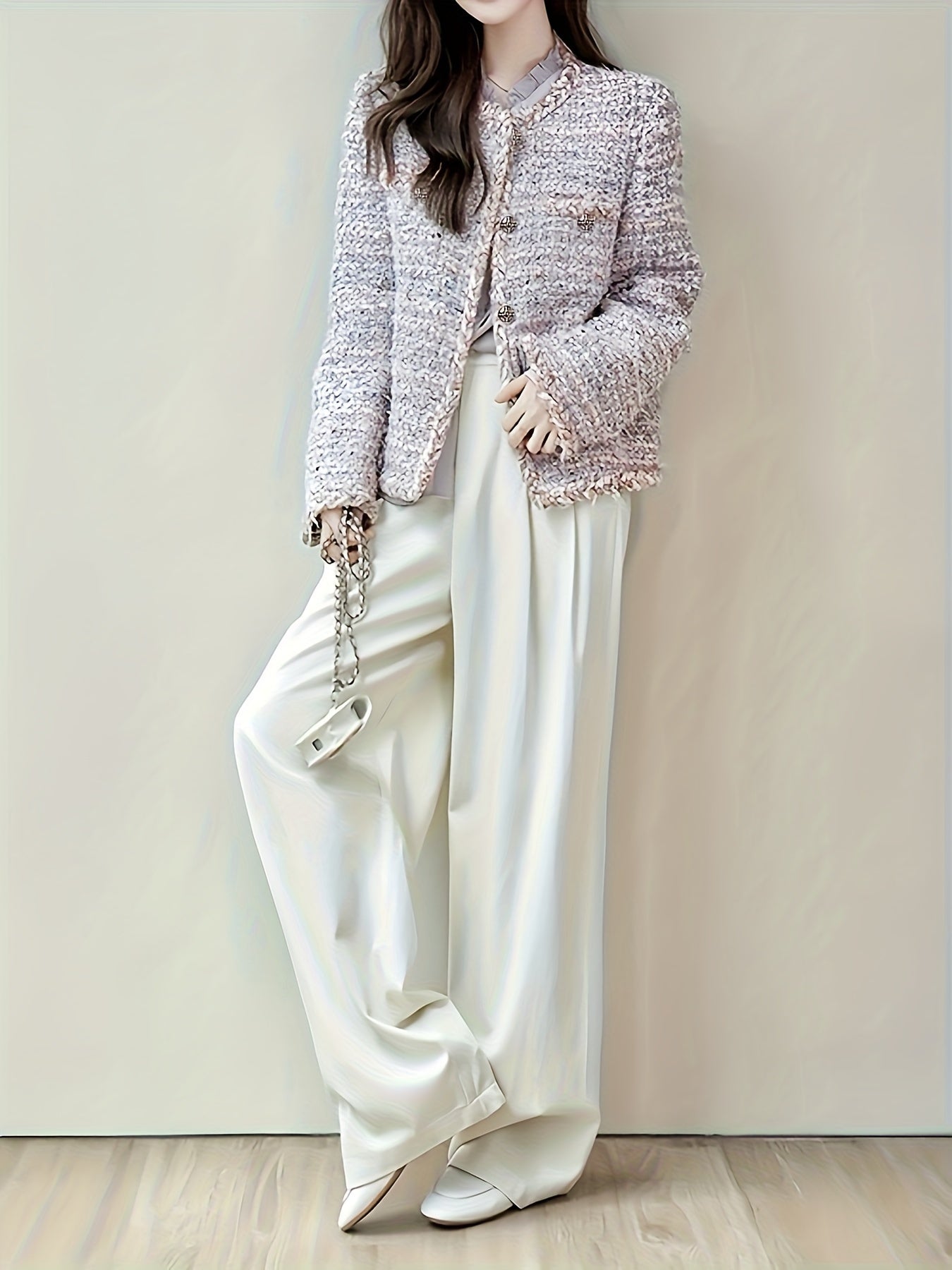 Chic Lightweight Tweed Blazer with Braided Detail - Long Sleeve, Button-Up, H-Silhouette, Beige & White Check Pattern, Perfect for Fall\u002FWinter Fashion, Autumn Winter Jacket | Hsilhouette Blazer | Elastane Comfort Fit