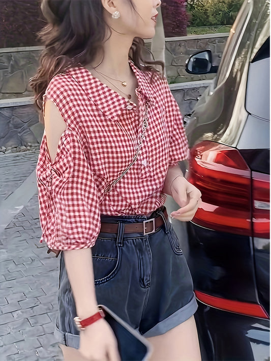 1pc Vintage Off-Shoulder Plaid Blouse for Women - Red & White Gingham Check, Puff Sleeves, Collar, Casual Summer Top, Hand Wash or Dry Clean, Relaxed Outfit, Nontransparent Fabric
