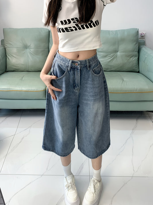 Women'S High-Waisted Denim Shorts, Casual Straight Leg Button Fly Jean Capris, Solid Color, Slight Stretch, with Washed Detail, for Spring\u002FSummer
