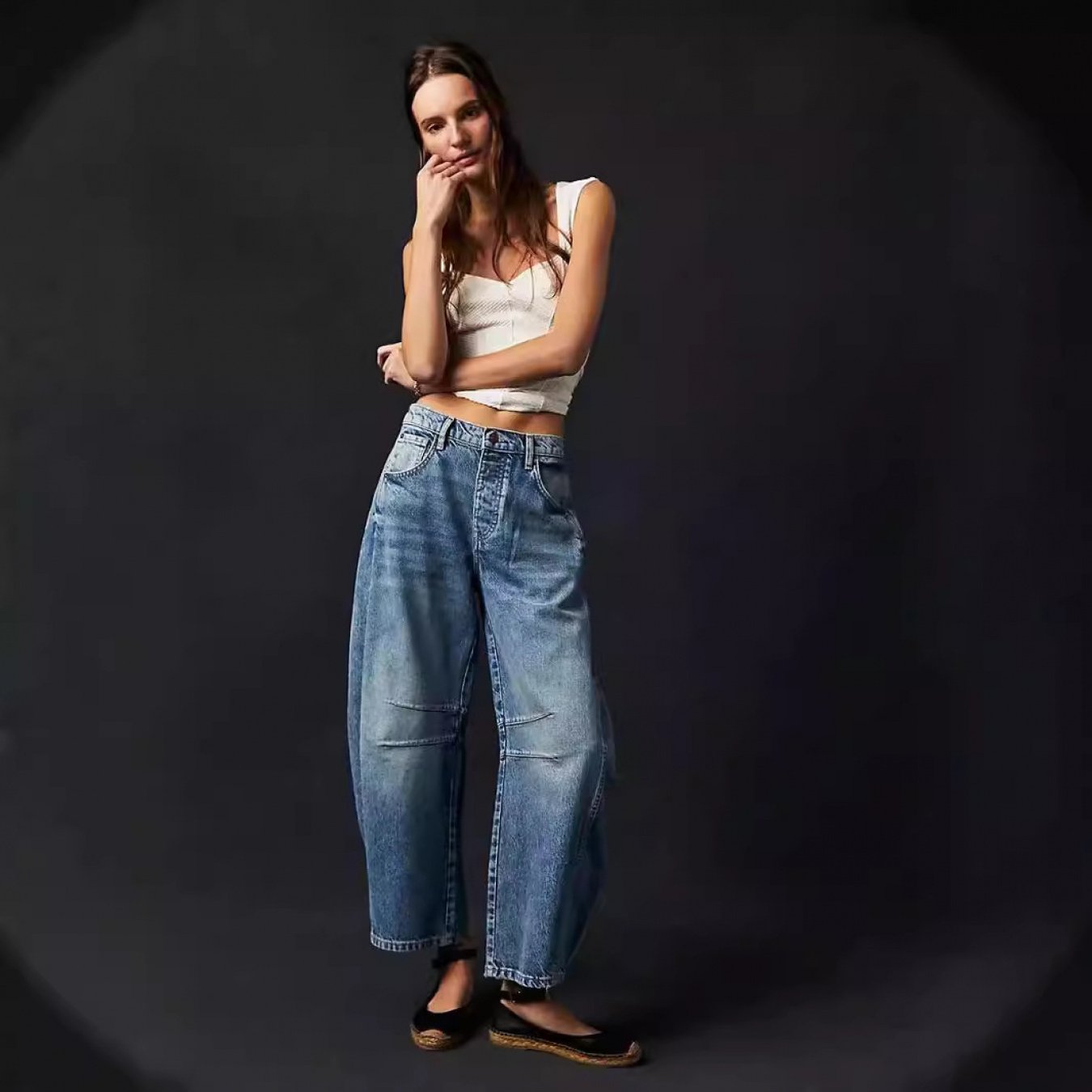 Loose Wide-Leg Pants Mid-Low Waist Washed Trousers Women