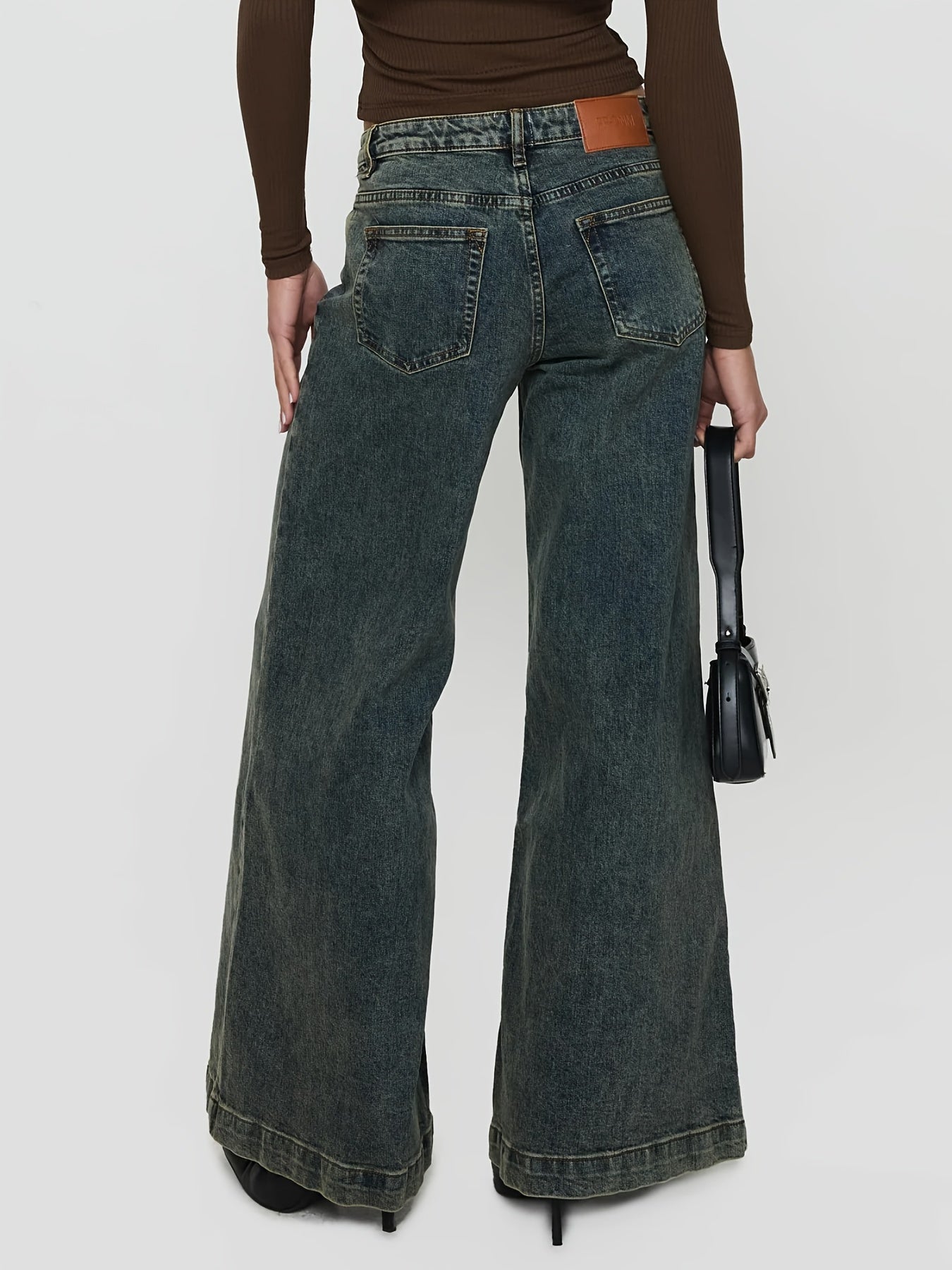 1pc Women'S Casual Wide Leg Jeans - Cotton Blend, Slight Stretch, Solid Color, Woven, All-Season, Loose Fit, Retro-Inspired Denim