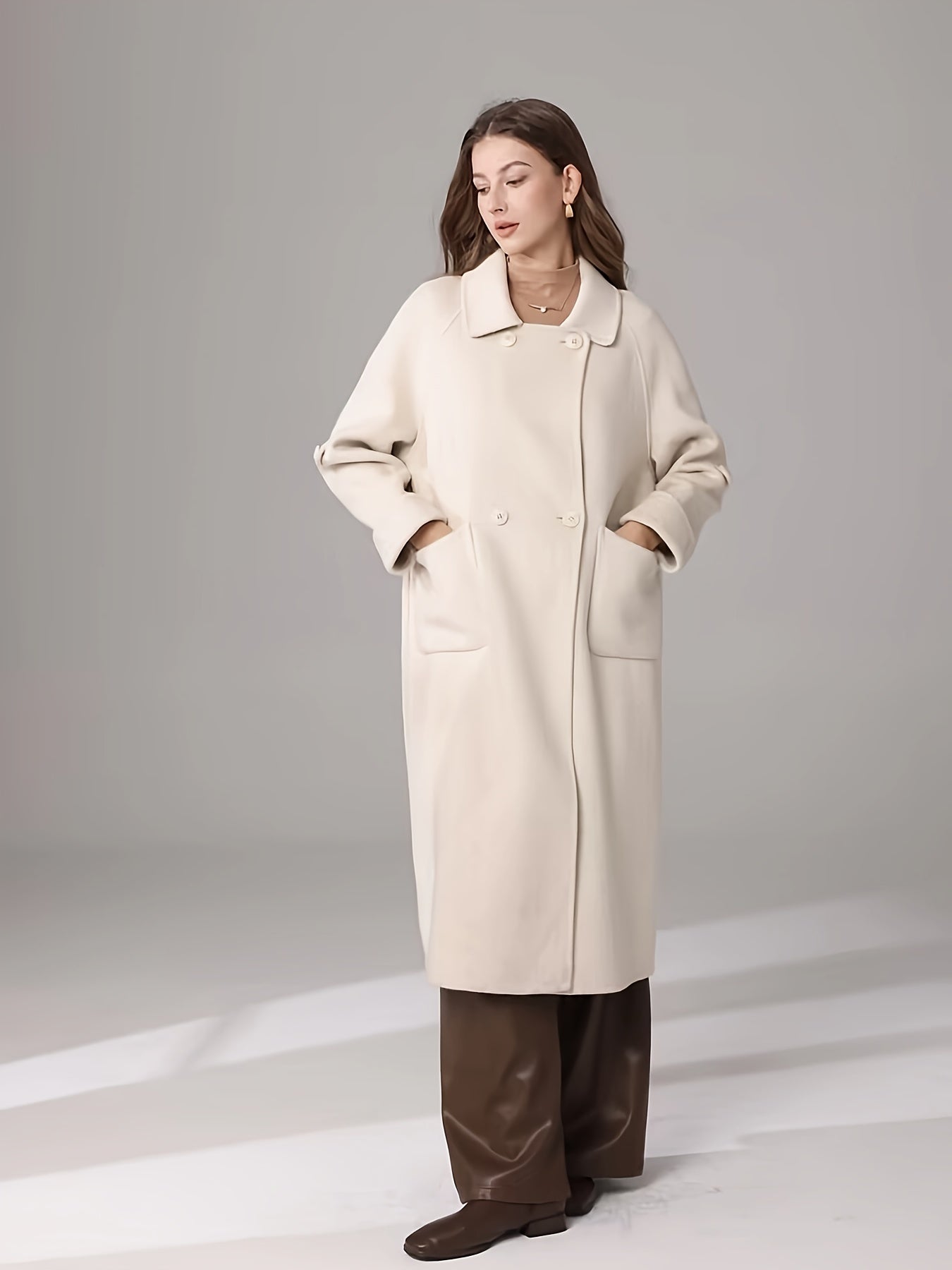 Elegant White Long Coat for Women - Chic Long Sleeve, Button-Up, Flap Pockets, Polyester Blend, Perfect for Fall\u002FWinter Fashion, Stylish Outerwear | Chic Long Coat | Polyester Blend Coat