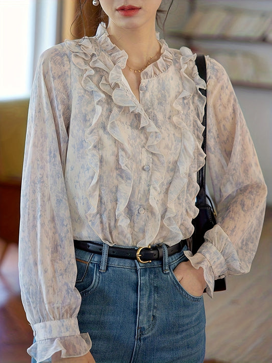 Women'S Blue and Purple Ruffled Print Blouse - Long Sleeve, Casual French Vintage Style, Lace Trim, Button-Up Top for Spring\u002FSummer, Casual Attire|Ruffled Sleeve Top|Lace Trim Detail