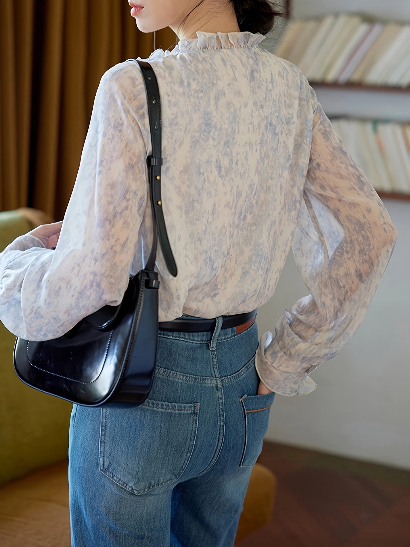 Women'S Blue and Purple Ruffled Print Blouse - Long Sleeve, Casual French Vintage Style, Lace Trim, Button-Up Top for Spring\u002FSummer, Casual Attire|Ruffled Sleeve Top|Lace Trim Detail