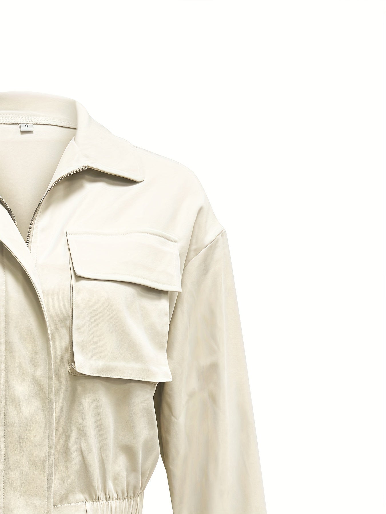 Flap Pockets Zip-up Jacket, Casual Long Sleeve Solid Crop Jacket For Spring & Fall, Women's Clothing