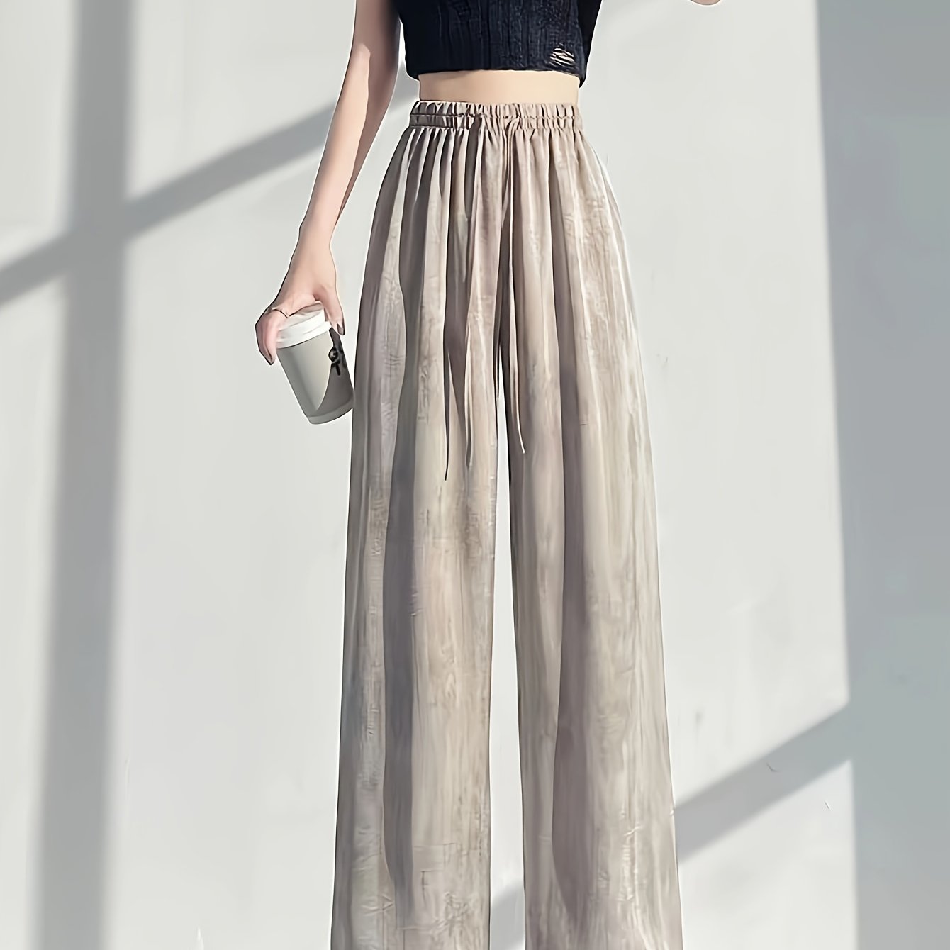 Women'S Elegant High-Waisted Wide-Leg Pants - Ice Sliky Fiber Fabric, Breathable & Lightweight, Loose Fit with Drawstring Waist, Solid Color for Casual & Formal Wear, High Waisted Leggings