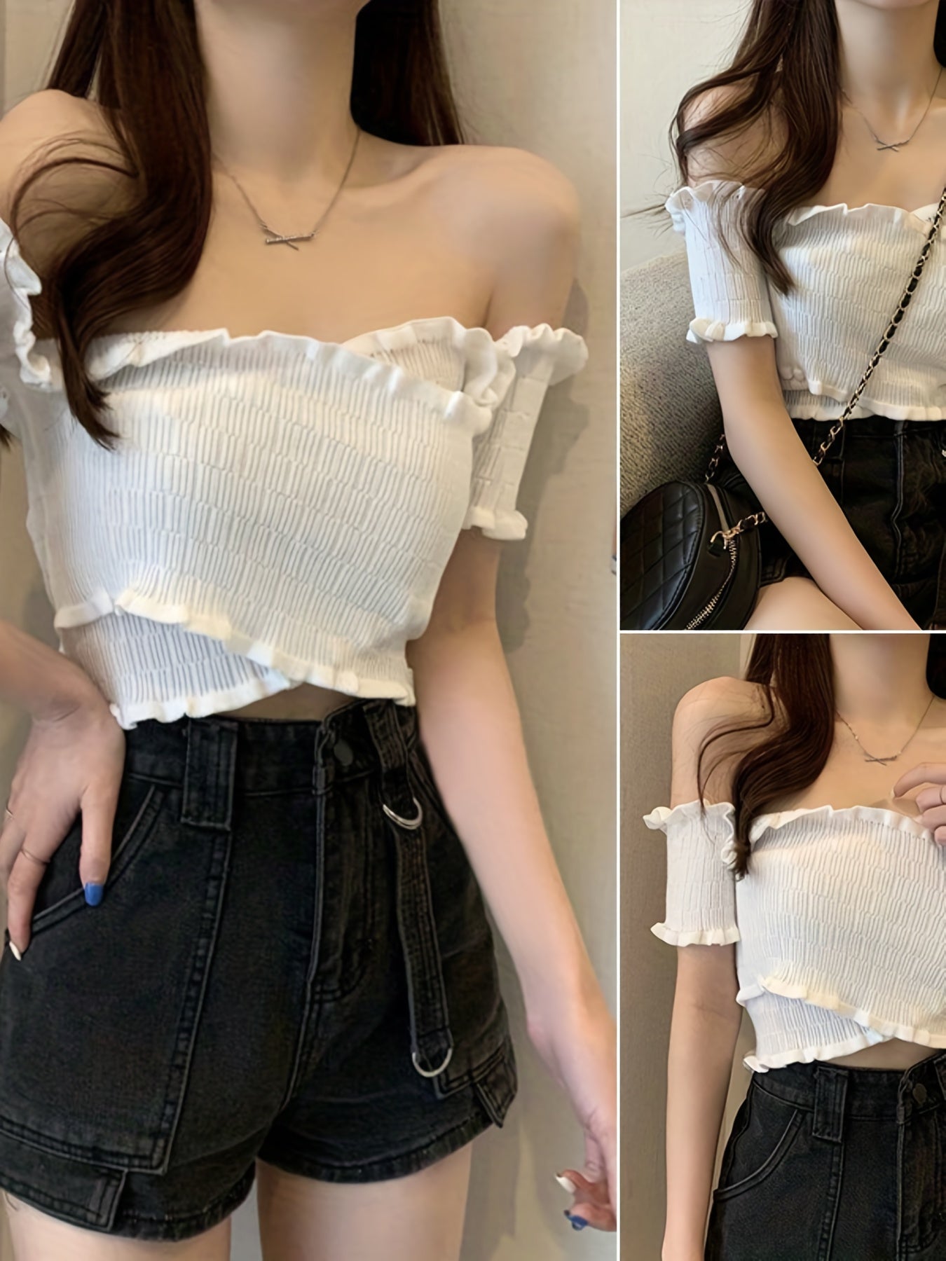 Women'S Off-Shoulder Crop Top - Slim Fit Ruffled Short Sleeve Blouse, Solid Black Casual Summer T-Shirt with Lettuce Trim Detail, Breathable & Stylish for Casual Attire, Versatile Fashion | Ruffled Shoulder Detail | Glossy Texture
