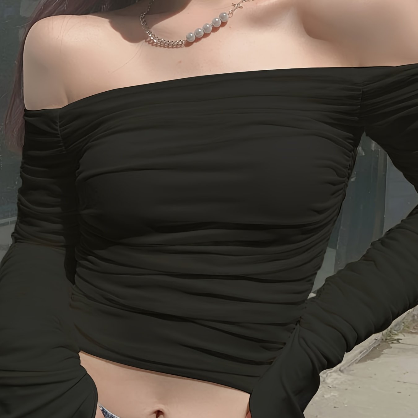 Long Sleeve Off-the-Shoulder Ruched Top - High Stretch, Elegant, Contrast Mesh, Machine Washable - Summer Essential for Women