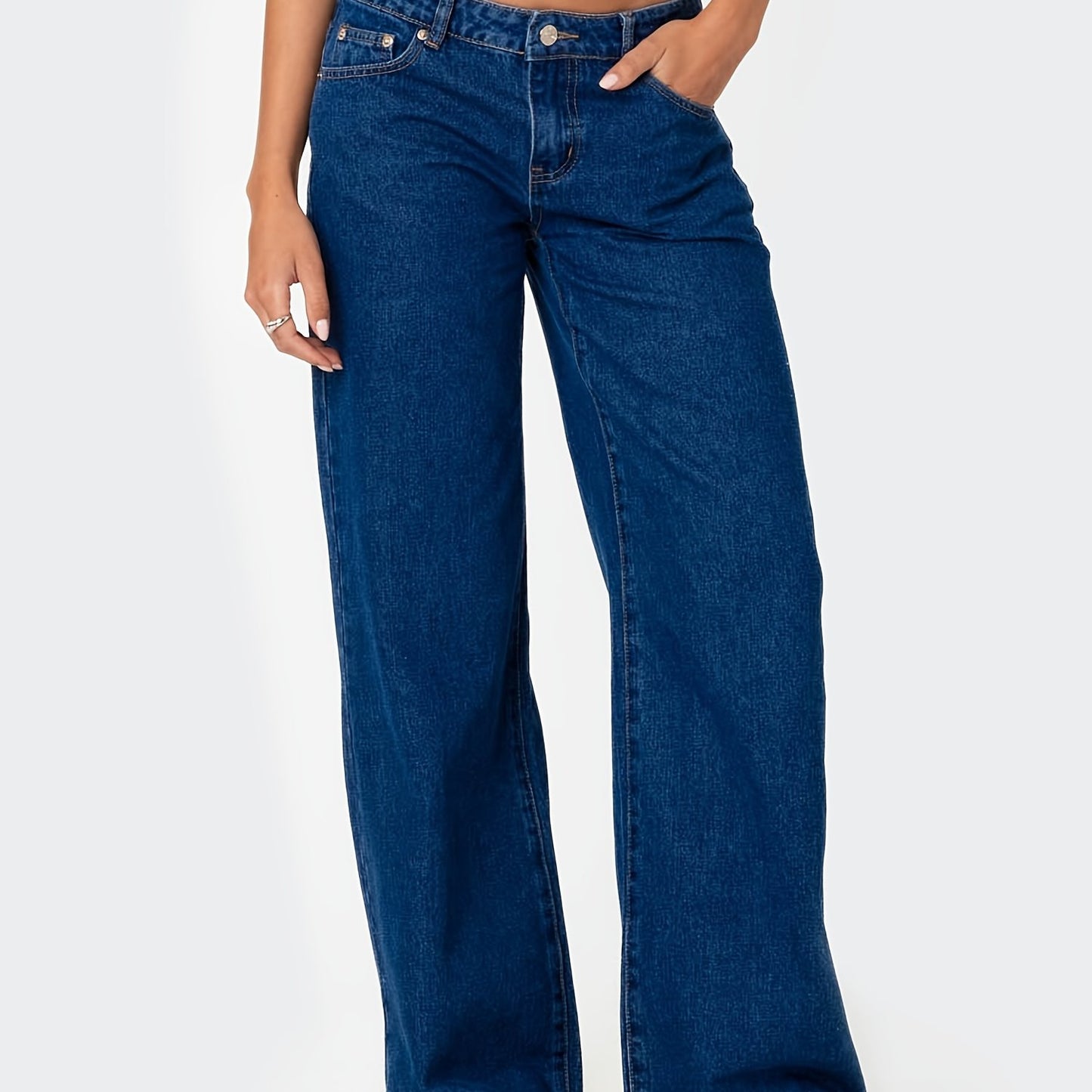 Plus Size Wide Leg Faux Denim for Women - Casual All-Season Long Faux Denim Trousers, Slight Stretch Cotton Blend Solid Color Pants with Button Fly