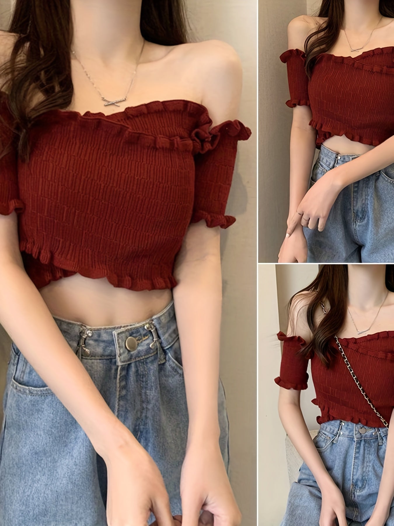 Women'S Off-Shoulder Crop Top - Slim Fit Ruffled Short Sleeve Blouse, Solid Black Casual Summer T-Shirt with Lettuce Trim Detail, Breathable & Stylish for Casual Attire, Versatile Fashion | Ruffled Shoulder Detail | Glossy Texture