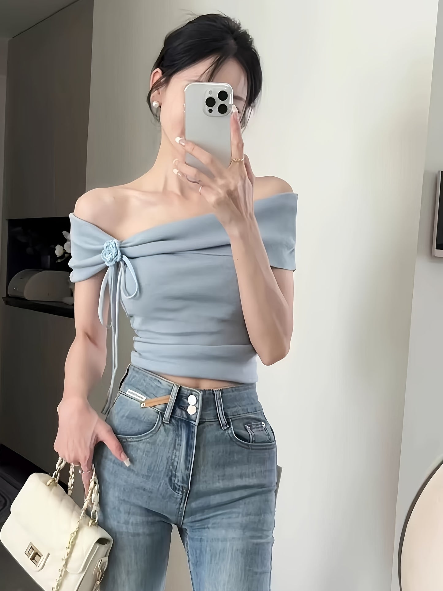 French-Inspired Off-the-Shoulder Floral Women's Top - Stretchy Shirt with Asymmetrical Hem, Lightweight 3-Season Machine-Washable Blouse for Casual & Formal Wear, Summer Fashion, Elegant Silhouette, Sleek Fit, Highelasticity Fabric