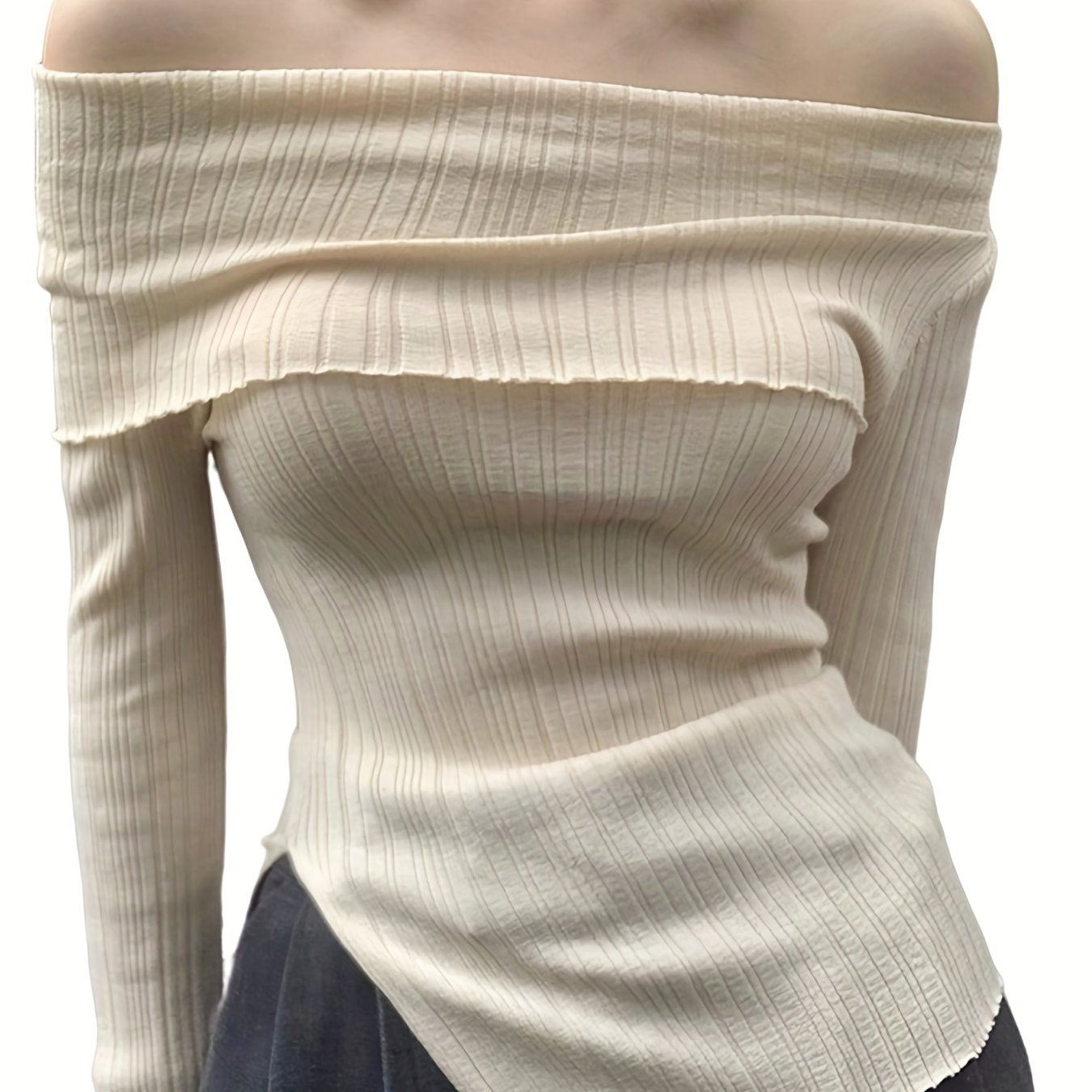 Women'S Autumn And Winter Women'S New One-Shoulder Pullover Slim Hem Slit Thin Casual Long-Sleeved Top Solid Color Off-Shoulder Slit Shirt