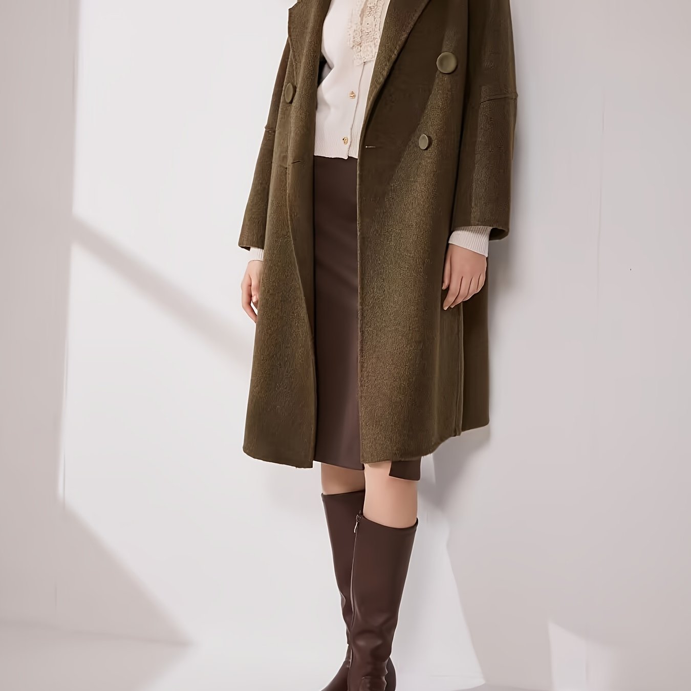Women'S Elegant Brown Coat Jacket - Long Sleeve, Button-Up Front, Flap Pockets, Double-Breasted Design, Winter Style, Machine Washable, Winter Outerwear | Classic Long Sleeve | Structured Fit, Winter Clothes