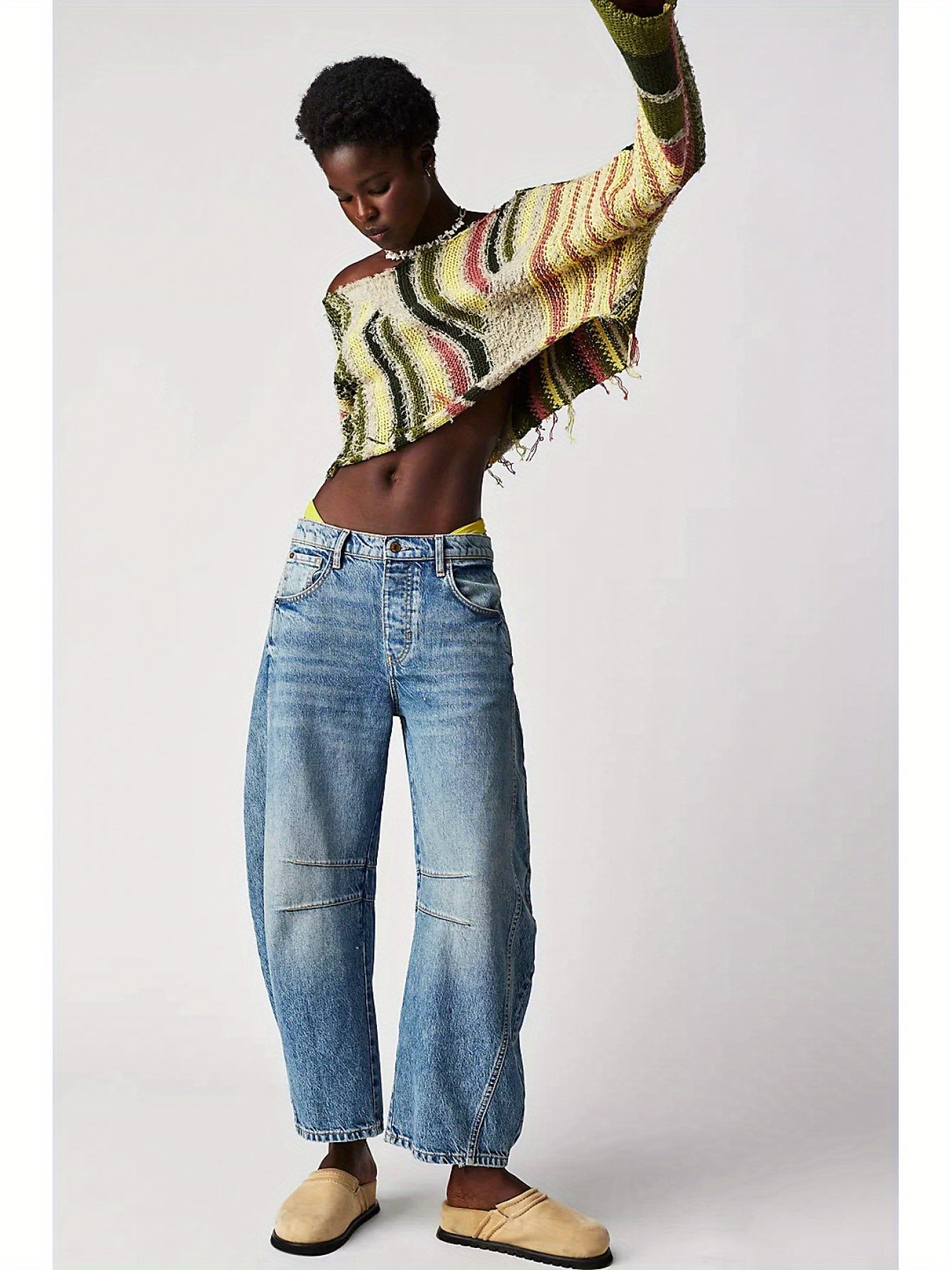 Women's Mid-Low Waist Loose Wide-Leg Jeans - Vintage Washed Denim Pants with Belt Loops & Pockets, All-Season Casual Trousers, Machine Washable