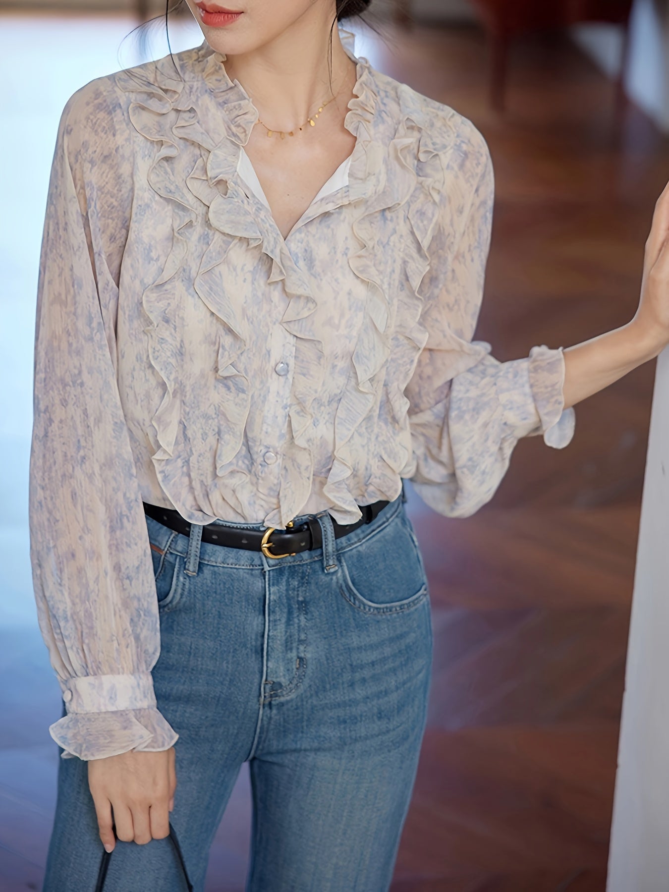 Women'S Blue and Purple Ruffled Print Blouse - Long Sleeve, Casual French Vintage Style, Lace Trim, Button-Up Top for Spring\u002FSummer, Casual Attire|Ruffled Sleeve Top|Lace Trim Detail