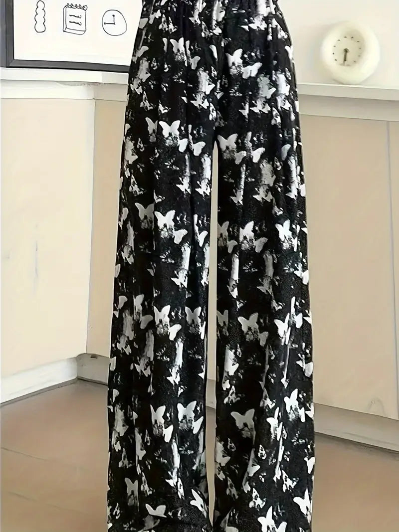 Women'S Butterfly Print Wide-Leg Pants - Black and White Tie-Dye Design, Casual Loose Fit with Pockets, Perfect for Summer Outings, Cute Pant