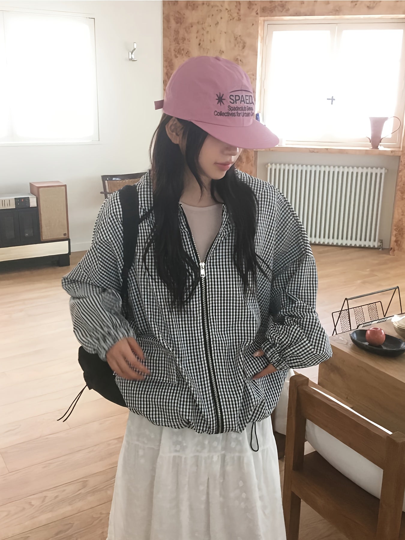 Women'S Lightweight Plaid Hooded Jacket - Casual Chic Long Sleeve Zipper Front Coat with Pockets, Black & White Checkered Pattern, Perfect for Fall\u002FWinter Outings, Fall Winter Apparel | Checkered Pattern Jacket | Zippered Jacket