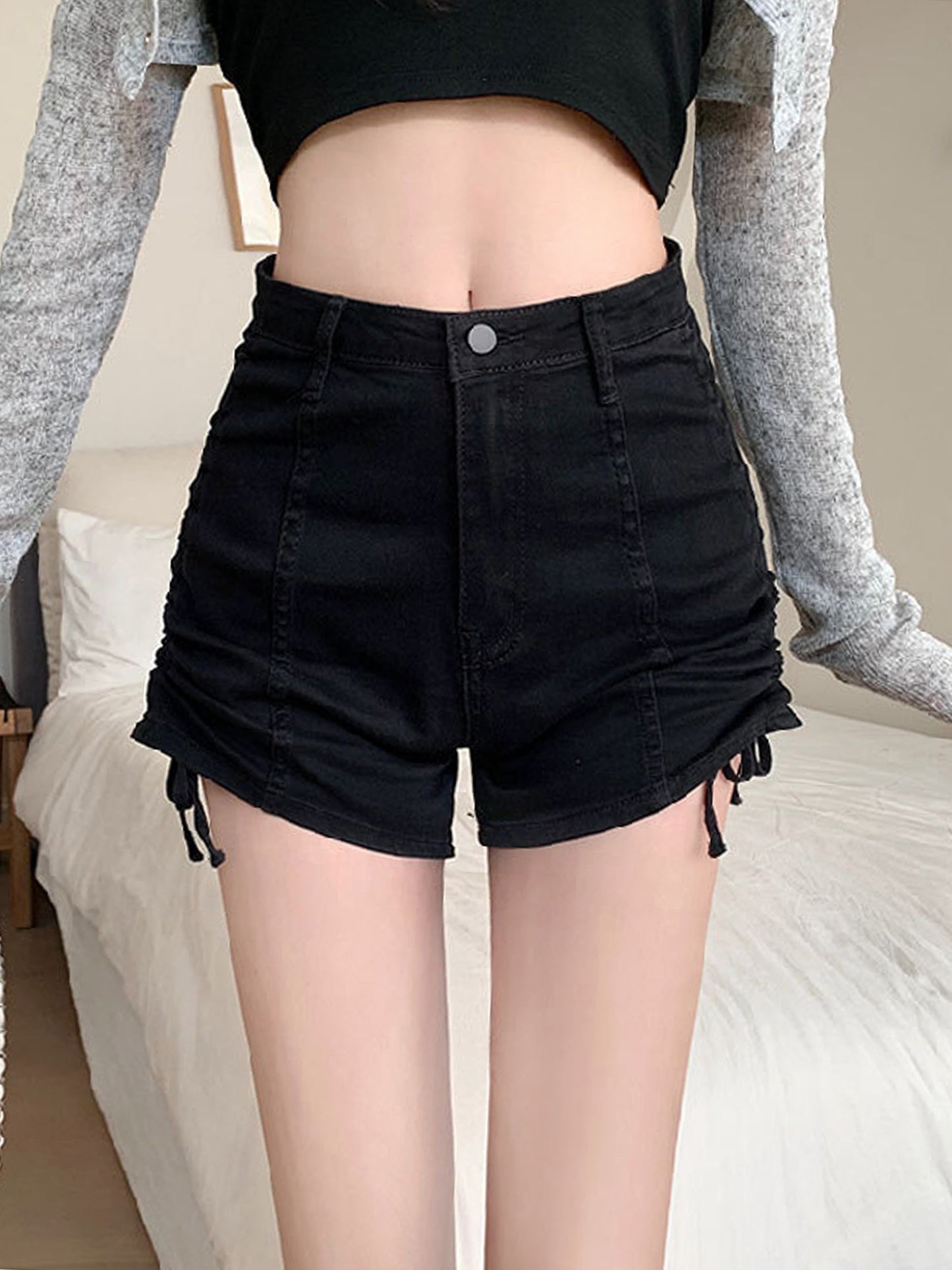 Women's High-Rise Denim Shorts with Side Drawstring Waist - Casual Summer Straight-Leg Jean Shorts for Beach, Club & Streetwear, Machine Washable