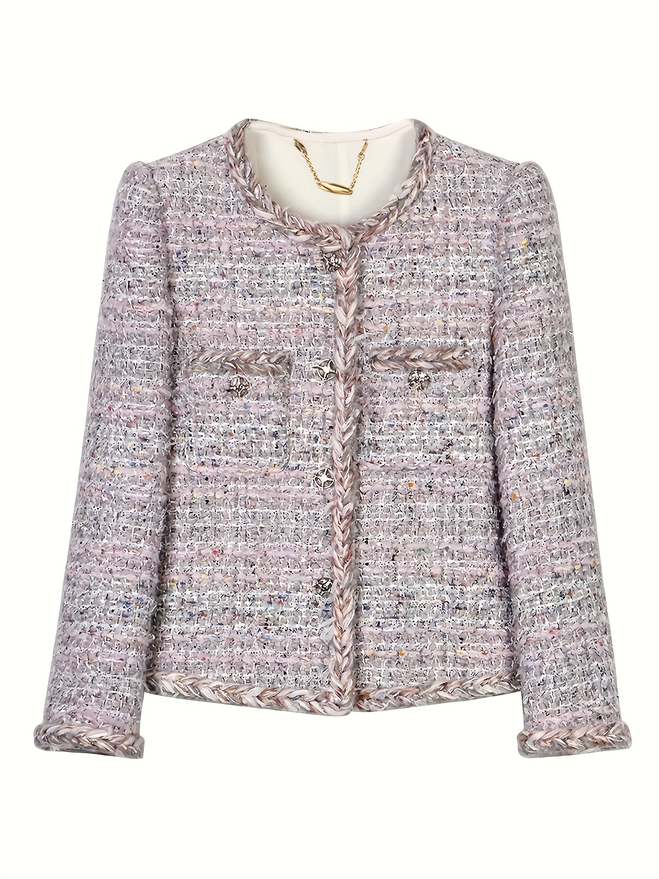 Chic Lightweight Tweed Blazer with Braided Detail - Long Sleeve, Button-Up, H-Silhouette, Beige & White Check Pattern, Perfect for Fall\u002FWinter Fashion, Autumn Winter Jacket | Hsilhouette Blazer | Elastane Comfort Fit
