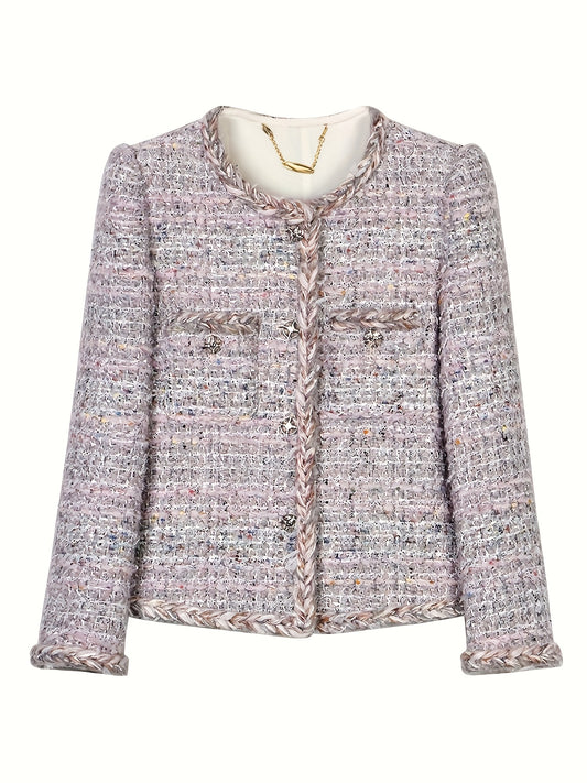 Chic Lightweight Tweed Blazer with Braided Detail - Long Sleeve, Button-Up, H-Silhouette, Beige & White Check Pattern, Perfect for Fall\u002FWinter Fashion, Autumn Winter Jacket | Hsilhouette Blazer | Elastane Comfort Fit