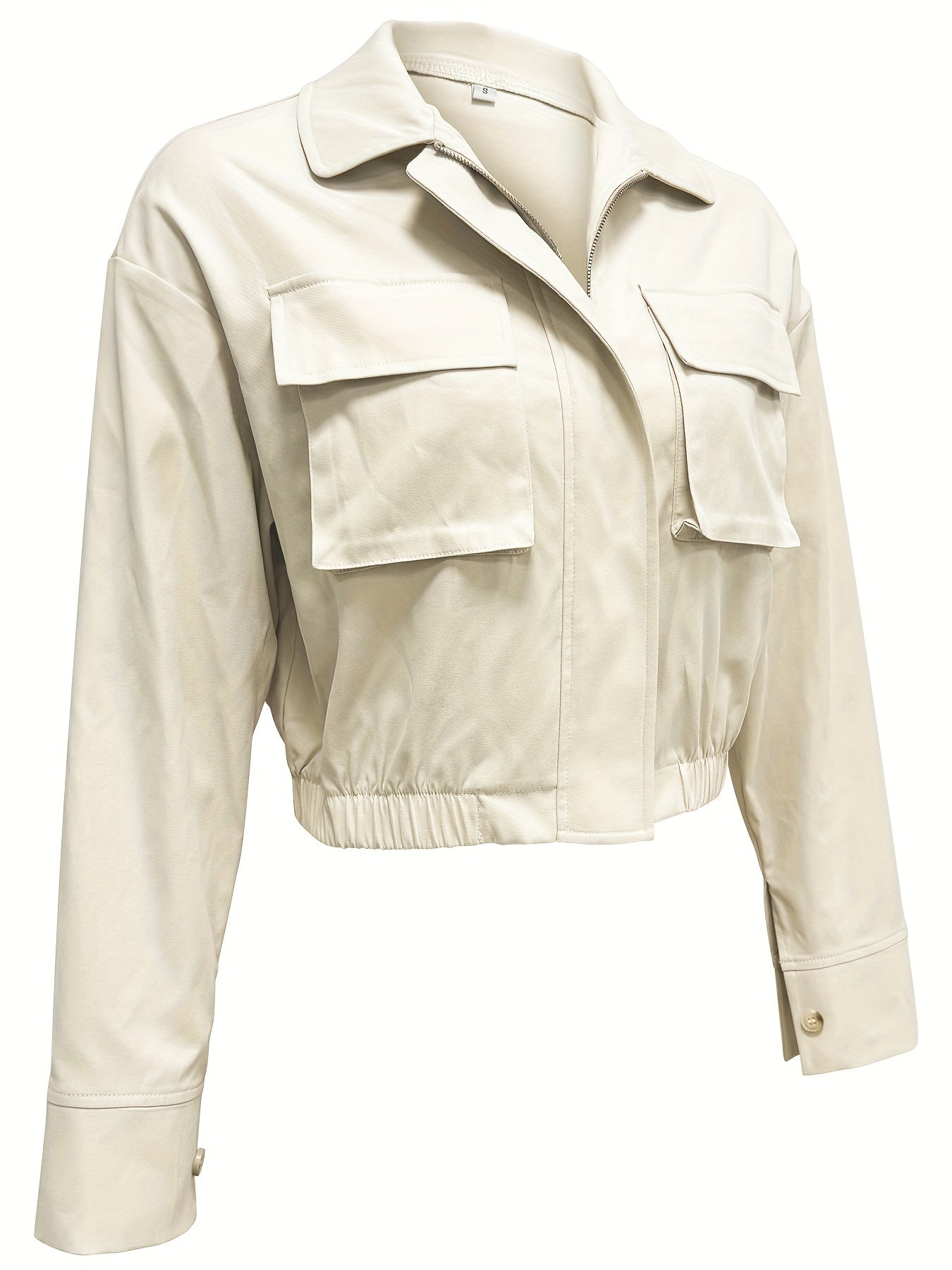 Flap Pockets Zip-up Jacket, Casual Long Sleeve Solid Crop Jacket For Spring & Fall, Women's Clothing