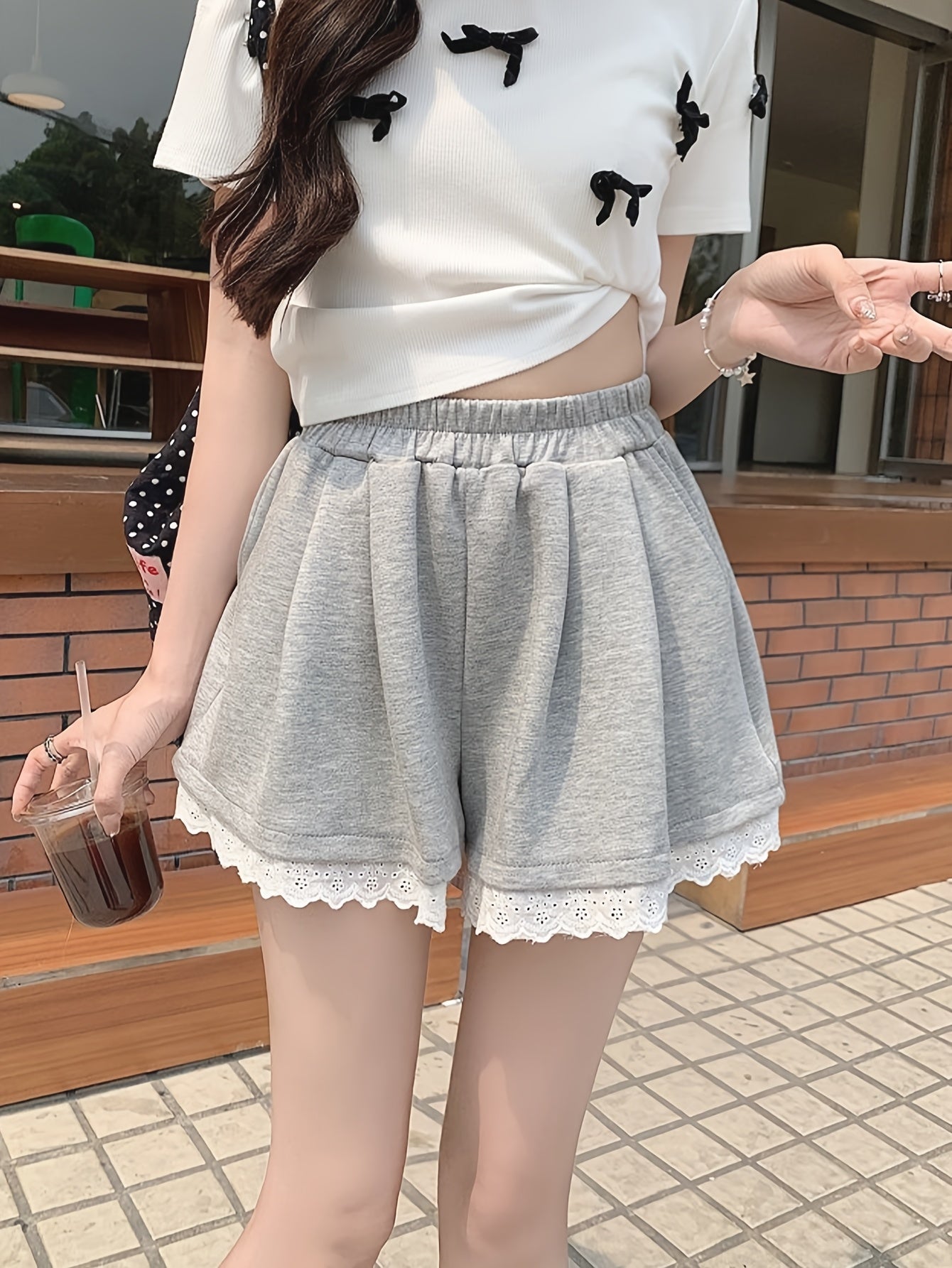 Chic Summer Short Pants, Solid Color, Non-Stretch, Contrast Lace, Regular Fit
